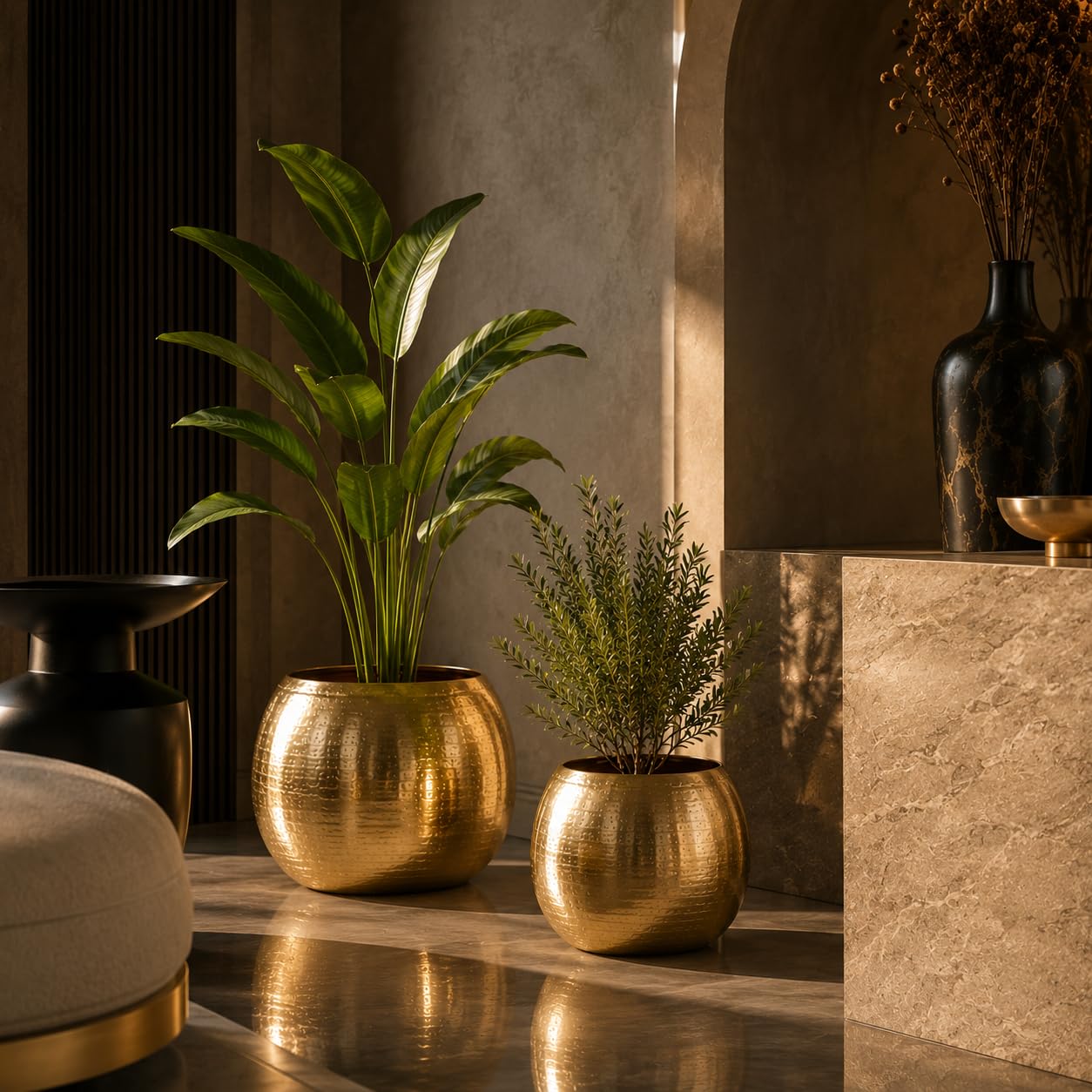 INDIAN DECORMART Metal Planter, Circular Shape, Gold Finish, Indoor Outdoor Plant Pot, Tabletop Planter (Set of 2)-image-21