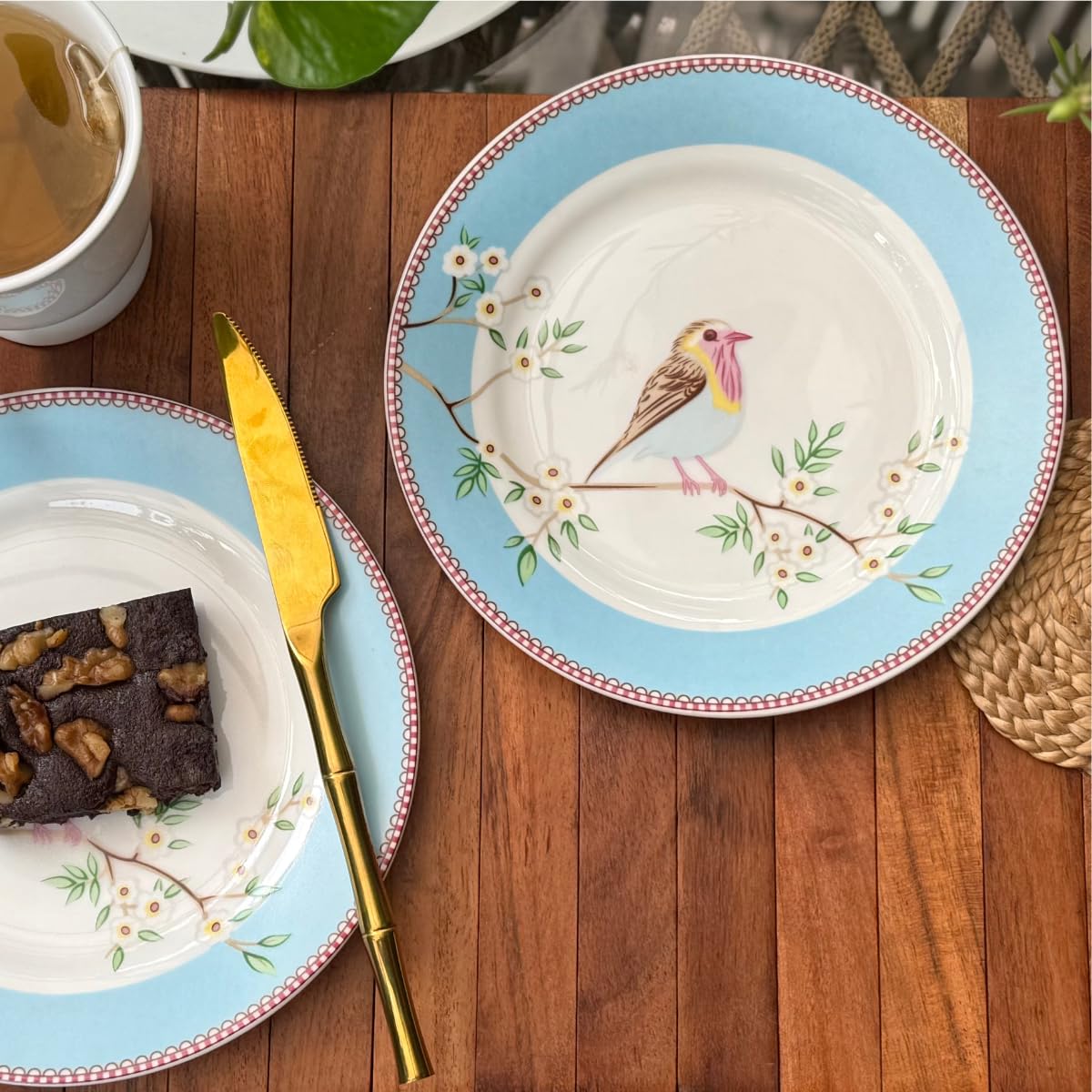 GOLDEN QUEEN'S Snack Plates Set of 4 | Perfect for Serving Snacks, Desserts, Appetizers, Salads, Tapas, Cheese | 7 inches Wide | Microwave Safe - Birdie in Blue