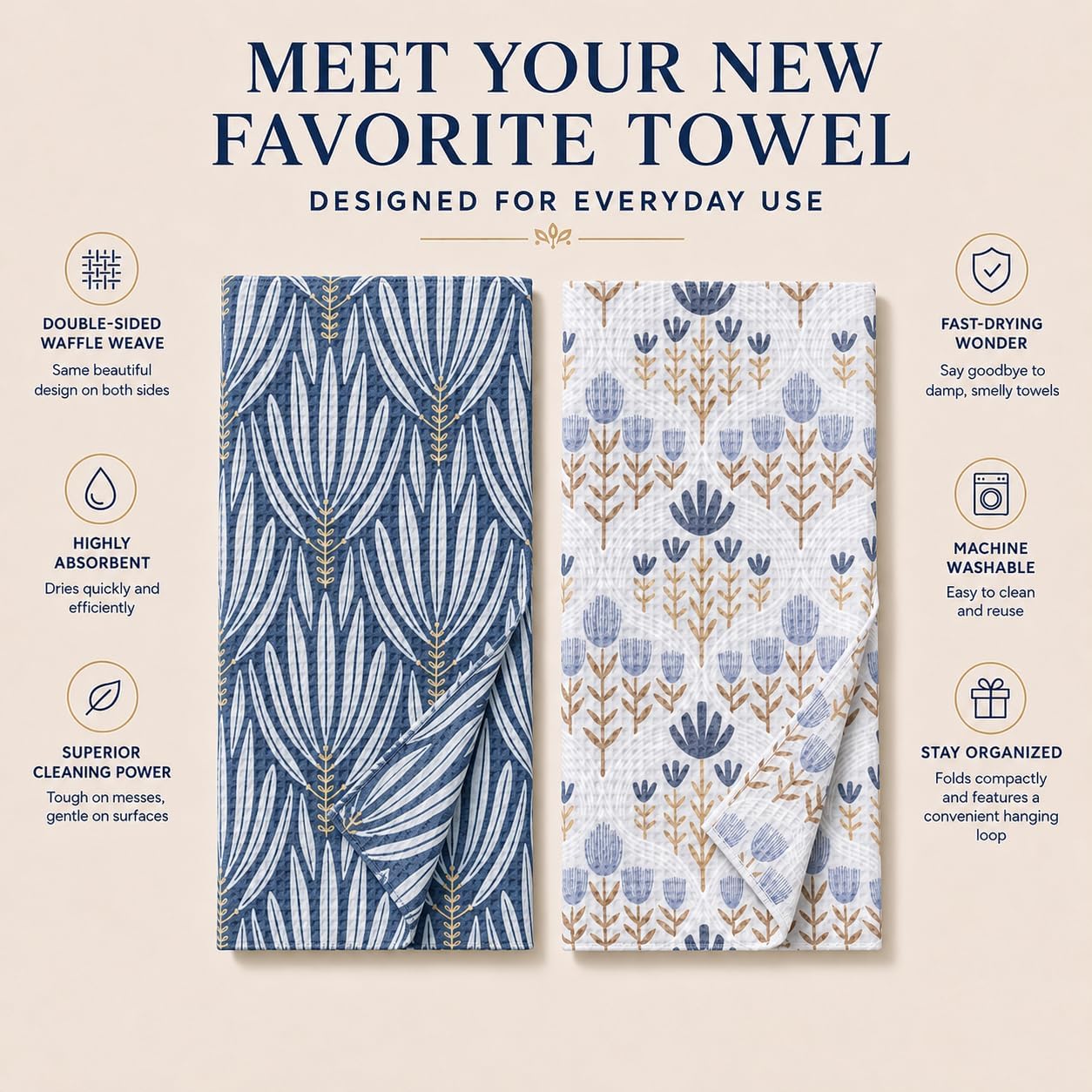 Premium Kitchen Tea Towel | Microfiber Waffle Weave | Quick Dry | Super Absorbent | Double-Sided Designer Prints | 2 Pack image 2