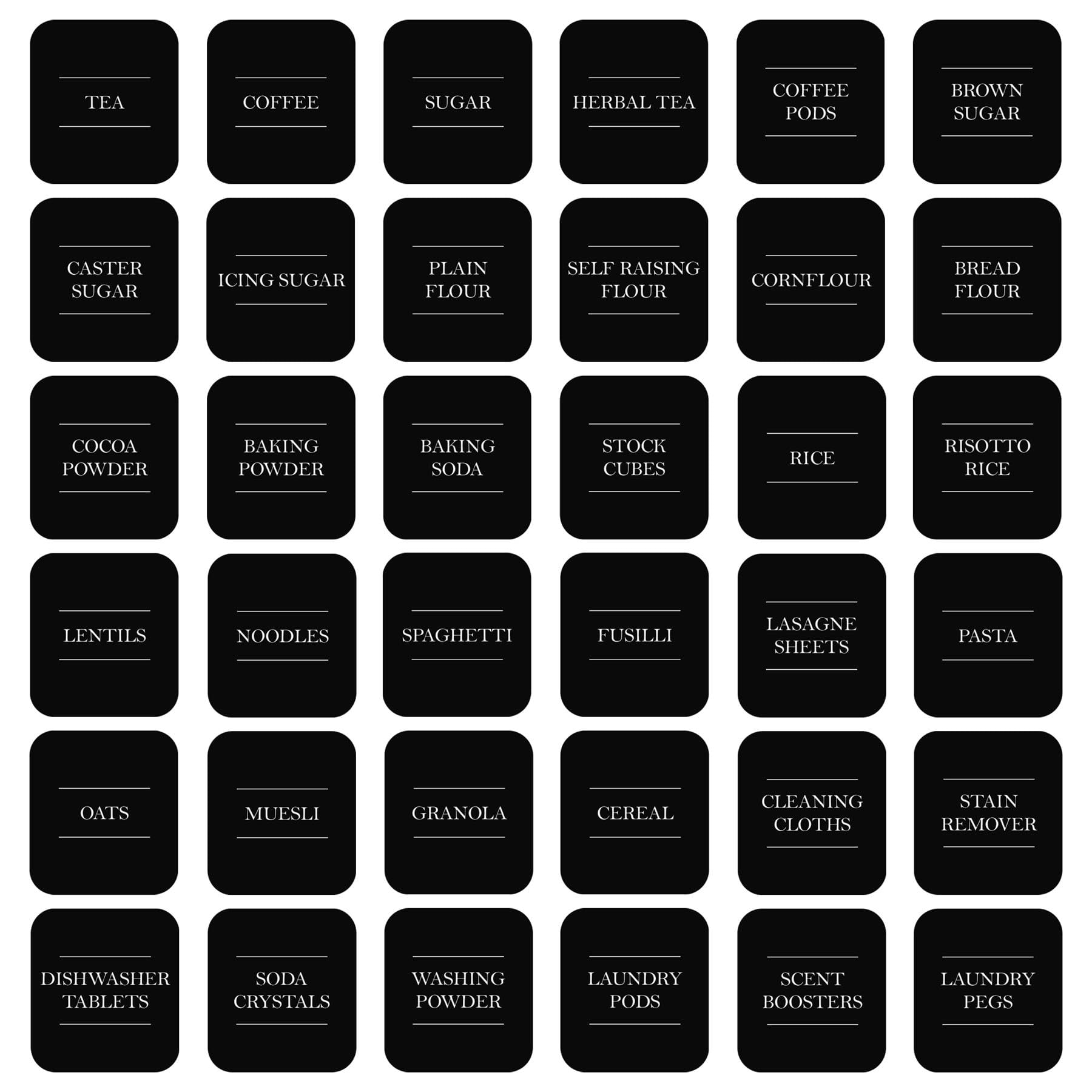 Argon Tableware 36x Storage Jar Labels - Black - Pre-Printed Sticky Adhesive Kitchen Pantry Glass Food Spice Jam Bottle Container Stickers