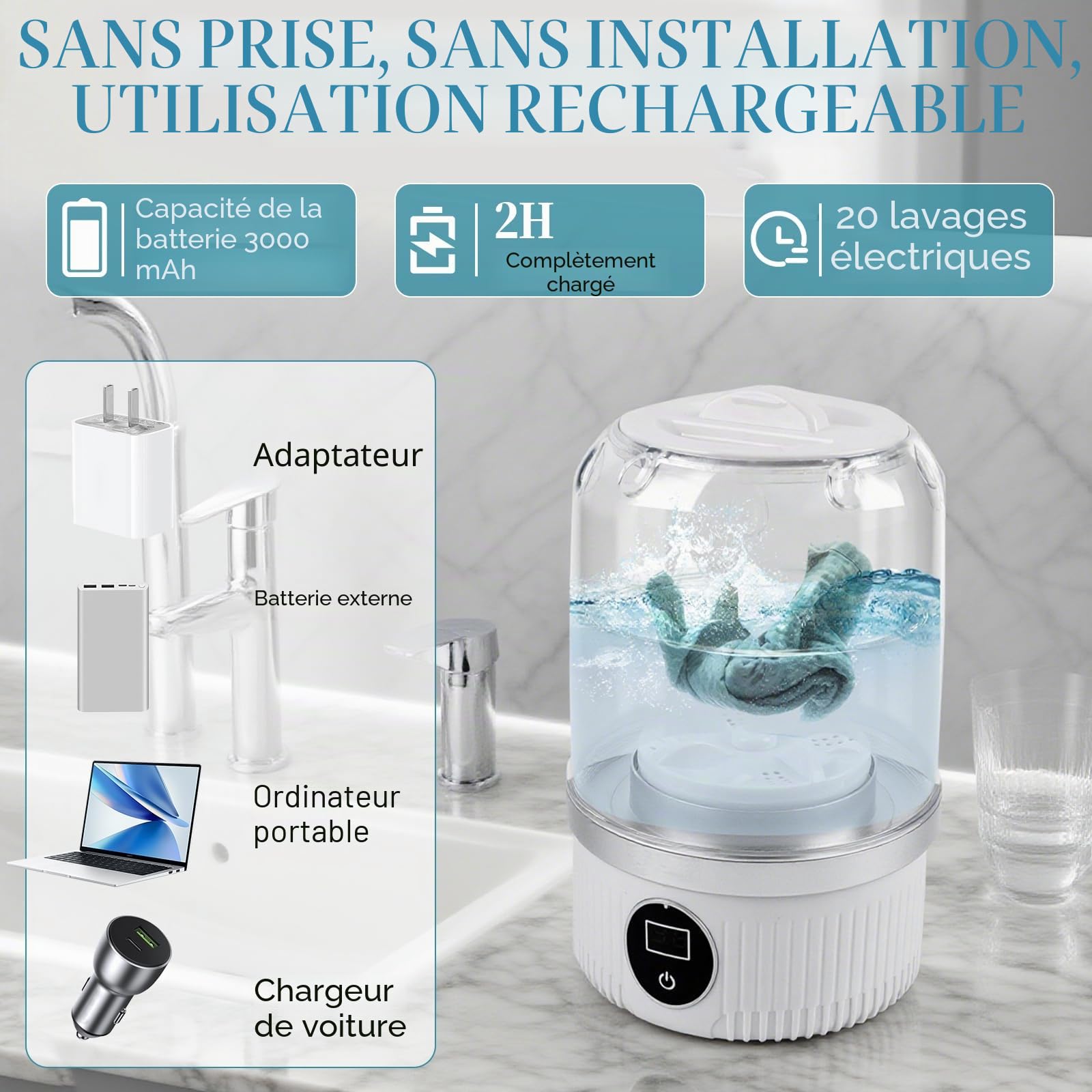Mini machine à laver portable, machine à laver pour sous-vêtements, laveuse compacte rechargeable sans fil, 2 modes, convient pour les soutiens-gorge, sous-vêtements, chaussettes, pour appartement
