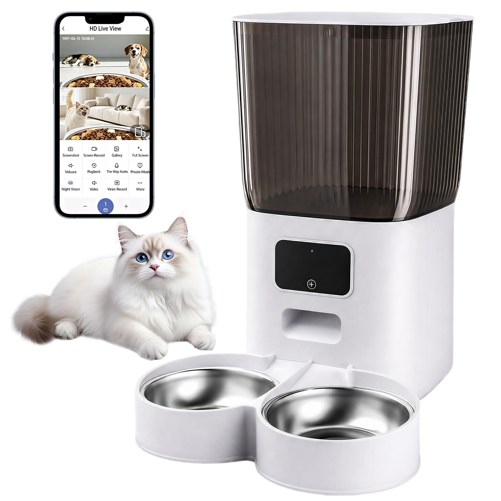 Alimentatore intelligente per animali domestici da 5 litri con telecamera Pan/Tilt 2K, distributore automatico di cibo per cani e gatti, audio bidirezionale, visione notturna, rilevamento del