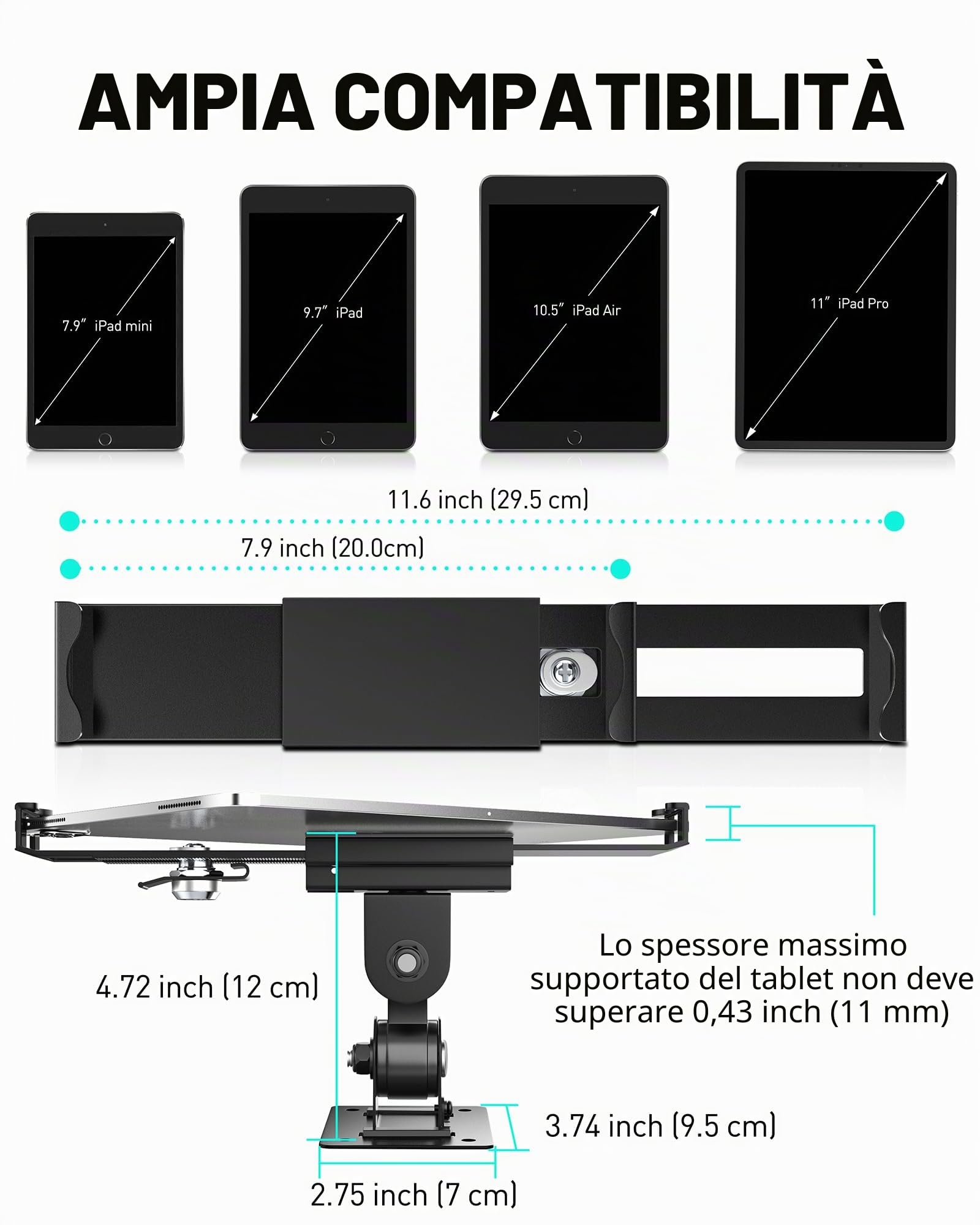 AboveTEK Supporto da Parete per Tablet - Per Tablet da 7-11 Pollici/iPad/Galaxy Tab/Slate/Fire e altro - Blocco e Chiave di Sicurezza Antifurto - Relogazione Verticale e Orizzontale