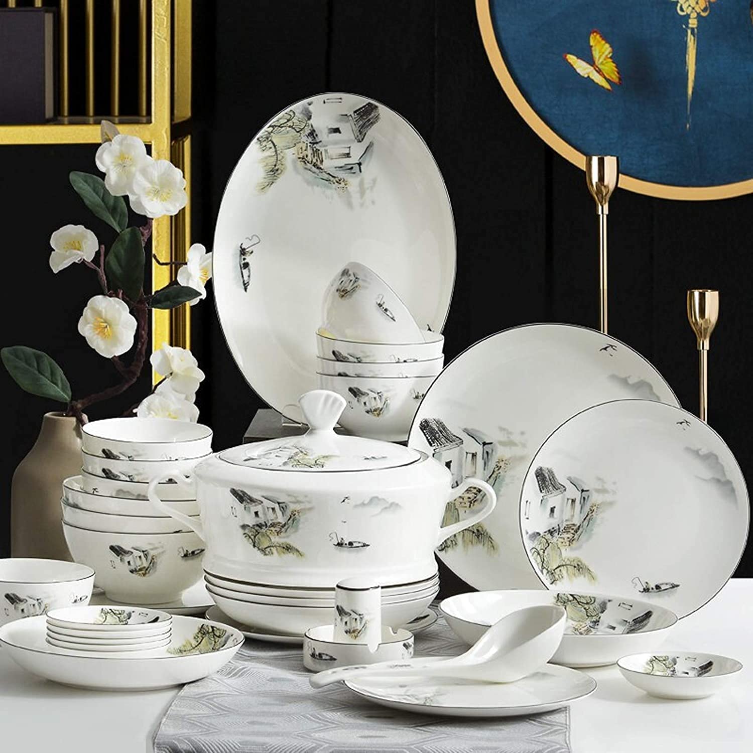 H3TF5J Luksusowe ceramiczne zastawy stołowe, 50 sztuk kości w Chinach, zastawa stołowa, piekarnik mikrofalowy bezpieczny zastawa stołowa, zastawa stołowa na przyjęciu rodzinnym, ręcznie malowane