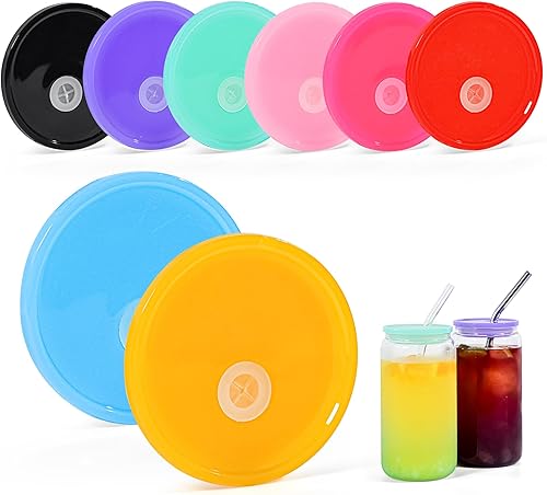 8 tapas acrílicas para vasos de vidrio de 16 onzas con tapas y pajitas, tapas de repuesto de vasos de vidrio de colores, a prueba de derrames, tapa