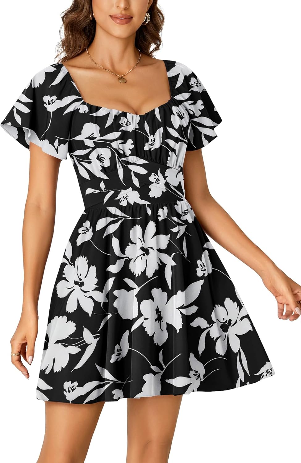 Rooscier Women's Tie Back Square Neck Wrap Ruffle Short Sleeve Flare Mini Dress - Image 4