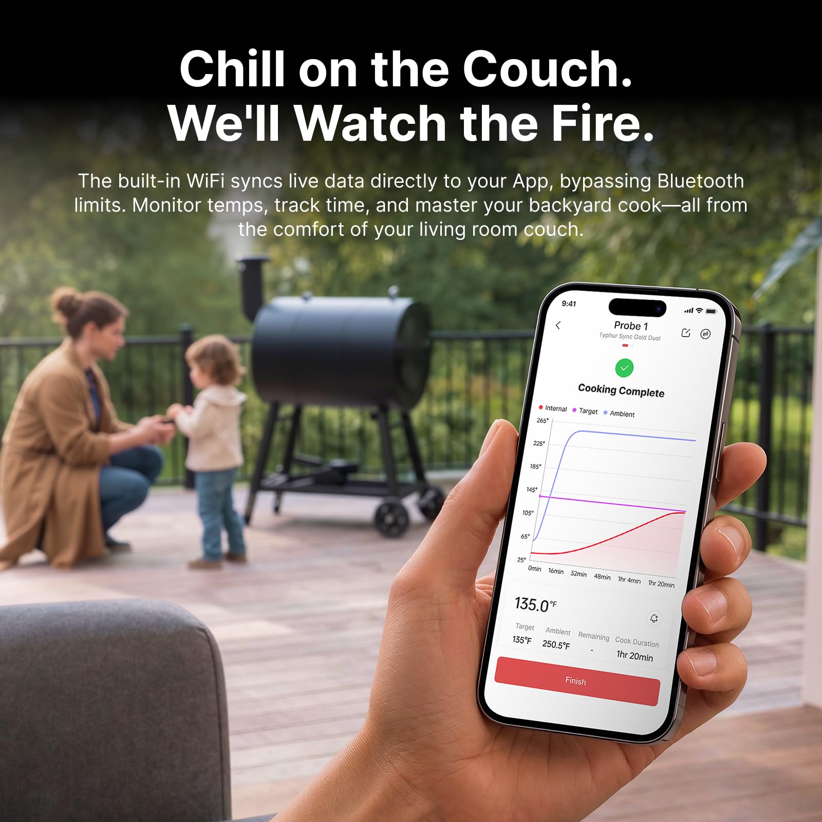Typhur Sync Gold Double thermomètre à viande WiFi sans fil avec étui de transport, 2 sondes fines, 6 capteurs, signal 10 fois plus fort, précision ± 0,-15 °C, base intelligente, lecture fiable pour