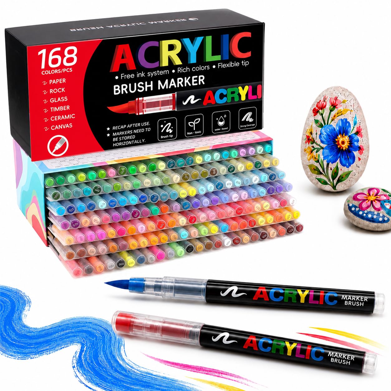AIMARS Acrylic Paint Pens, 168 Colors Acrylic Markers with Flexible Brush Tip, Acrylic Pens for Rock Painting, Ceramic, Glass, Stone, Metal, Wood Crafts, Art Crafts Supplies Gift
