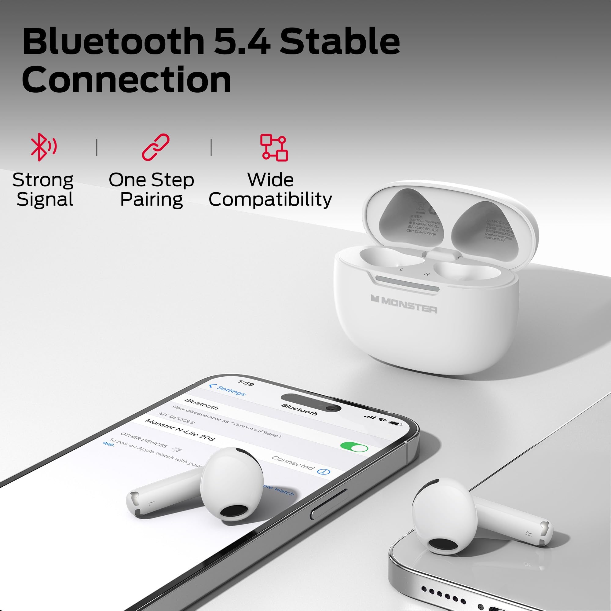Monster N-Lite 208 Bluetooth Earbuds for Running: 30H Playtime, Type-C Fast Charging, Crisp Calls & Touch Control White — view 4
