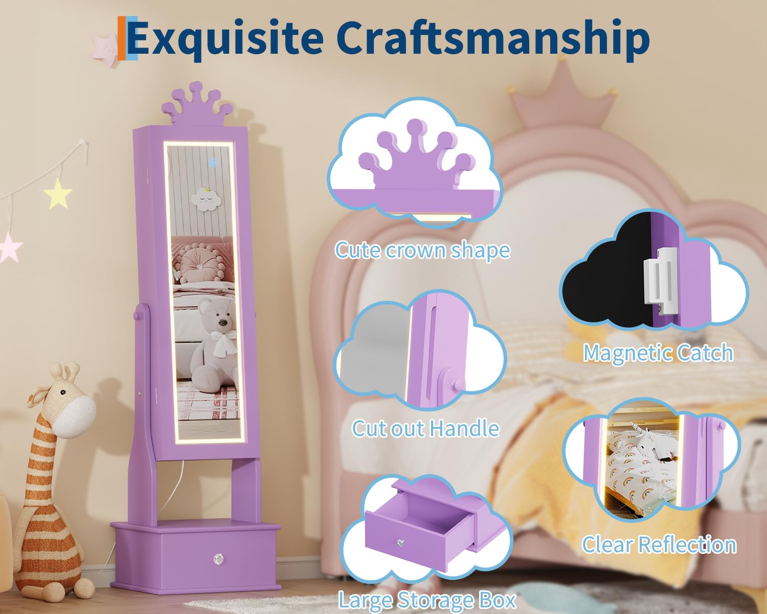 GarveeHome Kids Jewelry Armoire – LED Mirror, Freestanding Organizer With 3 Drawers, Earring Rack, Necklace Hooks – Purple Princess Theme