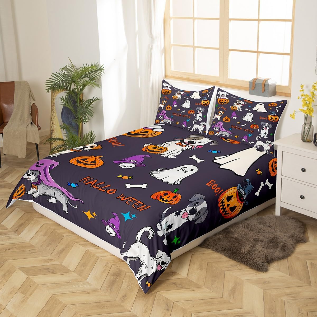 Halloween Theme Dog Bedding Set Queen Size,Ghost Pumpkin Lantern Duvet Cover Set 3Pcs for Kids Girls Boys Teens Room Decor,Cartoon Pet Animals Comforter Cover Dark Festival Quilt Cover,2 Pillowcases
