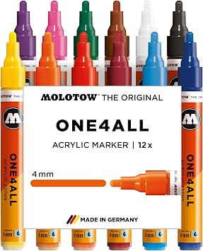 Molotow ONE4ALL Acrylic Paint Marker Set 1, 4mm, Assorted Colors, 12 Marker Set, 1 Set Each 200.153
