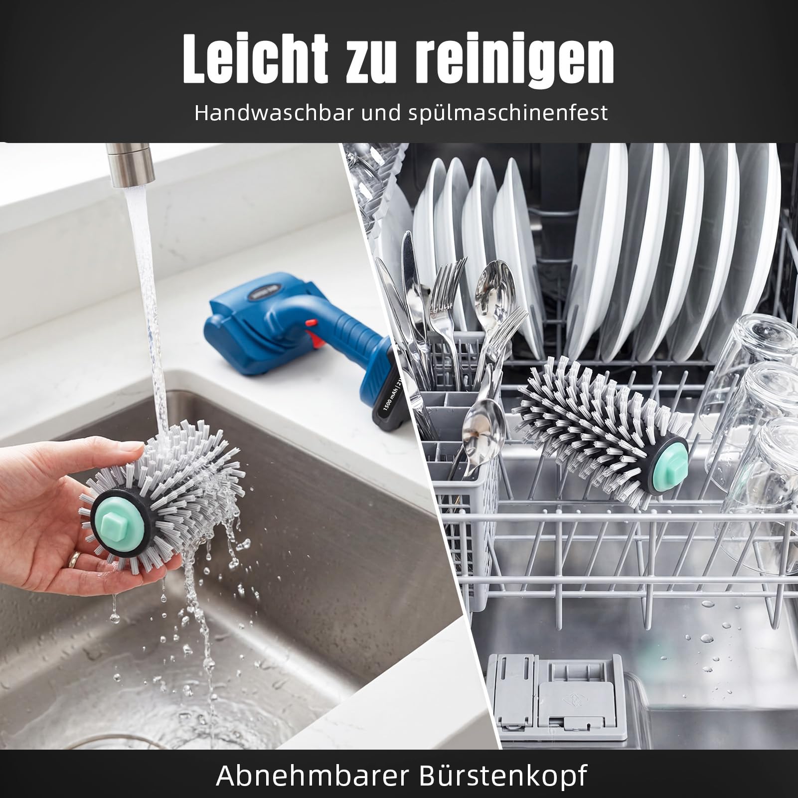 Elektrische Grillbürste, kabellose Grillreinigungsbürste mit 2 Bürstenköpfen, 2 Akkus, 1500 U/min,wiederaufladbare Edelstahlbürste für Grillroste,tragbare Grillbürste