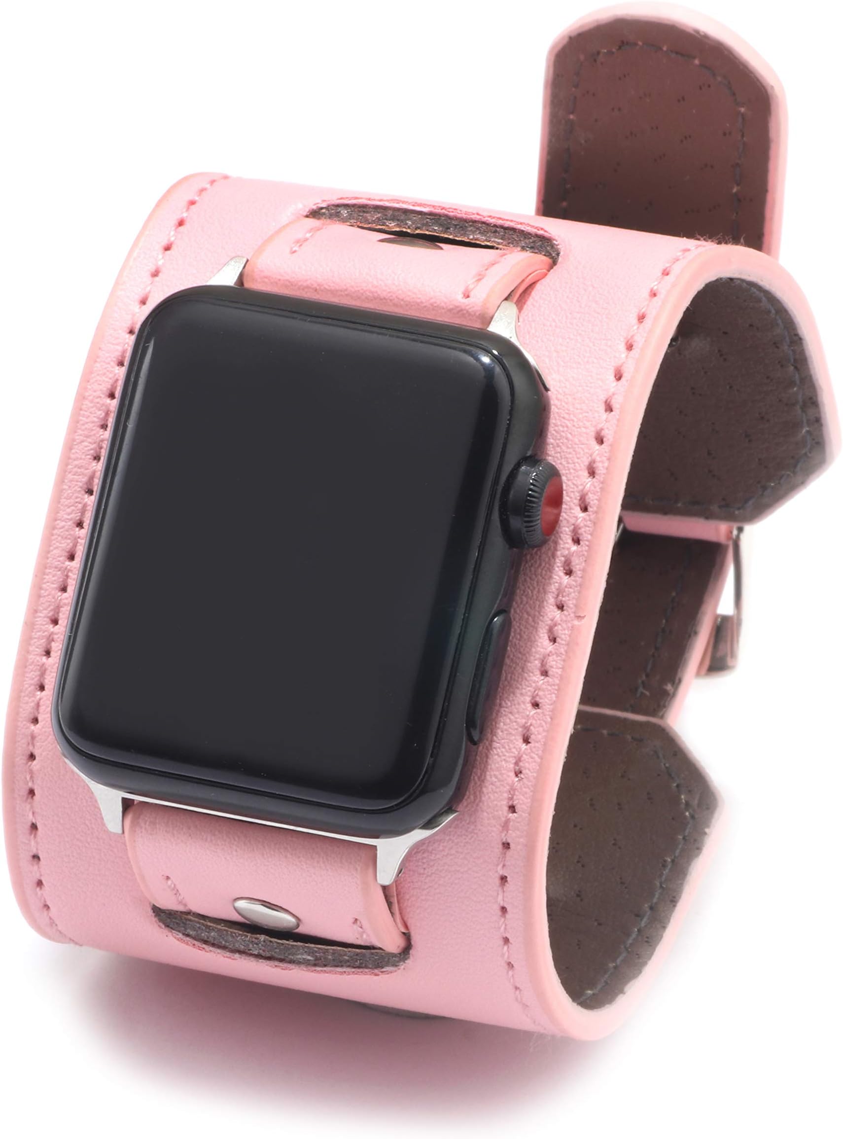 NIGHTCRUZ Compatible with Leather Apple Watch Band - Wide Leather Adjustable Bracelet for Apple Watch Series 5/4/3 (Pink, 42mm/44mm)