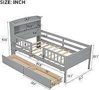 Vista 172 de Modern Full Size Platform Bed Storage Headboard and Safety Guardrail for Kids, Function Wood Platform Bed Frame with Built-in LED Light for Boy