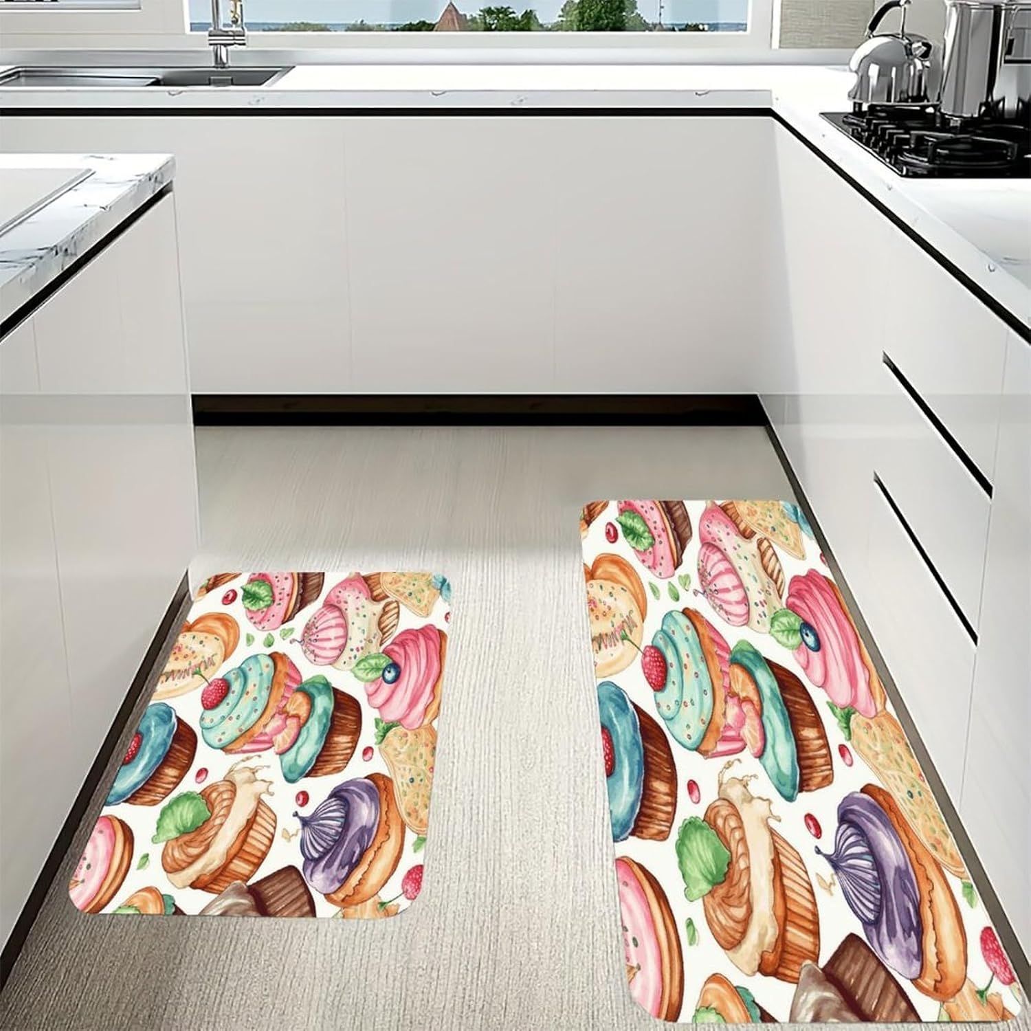 Cupcakes Donuts Muffins Sugar Kitchen Mat Set of 2 Ergonomic Comfort Velvet Rugs Cushioned Anti-Fatigue Non-Slip Standing Mats Thick Kitchen Floor Mat Carpet Runner Rugs 16"×24"+17"×47"