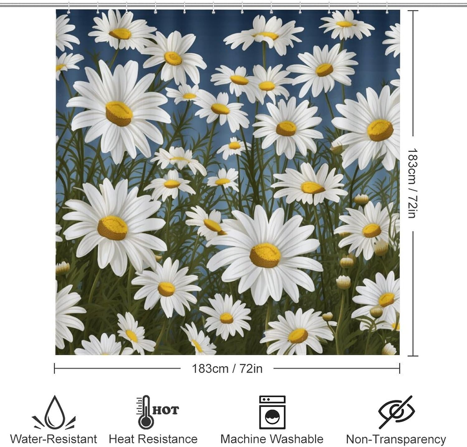 Camomile Pattern Shower Curtain Set 4 Piece, Non-Slip Bath Mat with Toilet Lid Cover and Waterproof Shower Curtain with 12 Hooks, Complete Bathroom Set for Home Decor