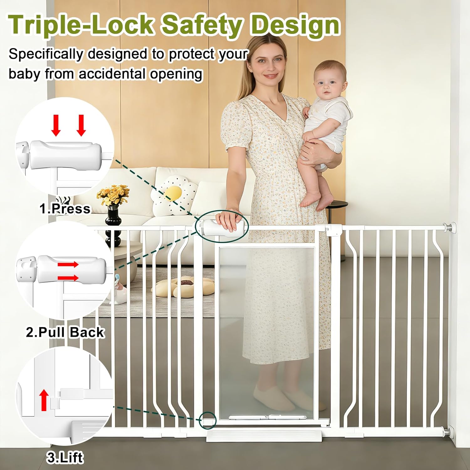 Extra Wide Acrylic Baby Gate Close Dog Gate Adjustable 29“-38.5" Triple Locking Pressure Mounting Pet Gate for Stairs, Doorways, Indoor & Outdoor (29-38.5IN)