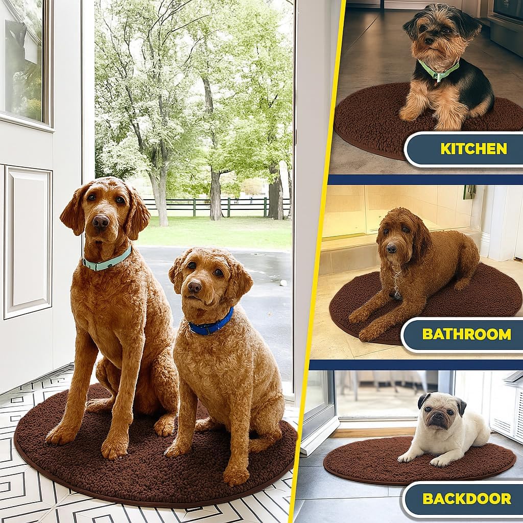 Muddy Mat® Shown on TV – Super Absorbent Microfiber Dog Door Mat for Muddy Paws, Non-Slip Washable Pet Rug, Quick Dry Chenille Entryway Carpet, Machine Washable Indoor Outdoor Mat, Brown Round 6ft