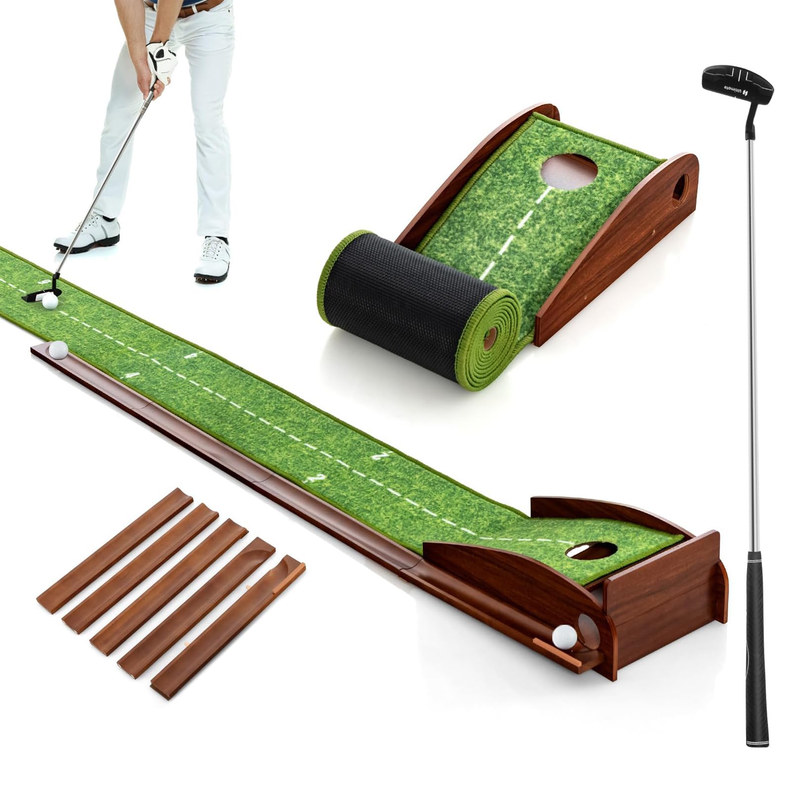 COSTWAY Golf Puttingmatte, Golfmatte mit 1/2/3 Löchern, Auto Rückkehr Übungsmatte mit 3 Golfbällen & Kunstrasen, Putting Trainer Indoor Outdoor für Anfänger, Profis