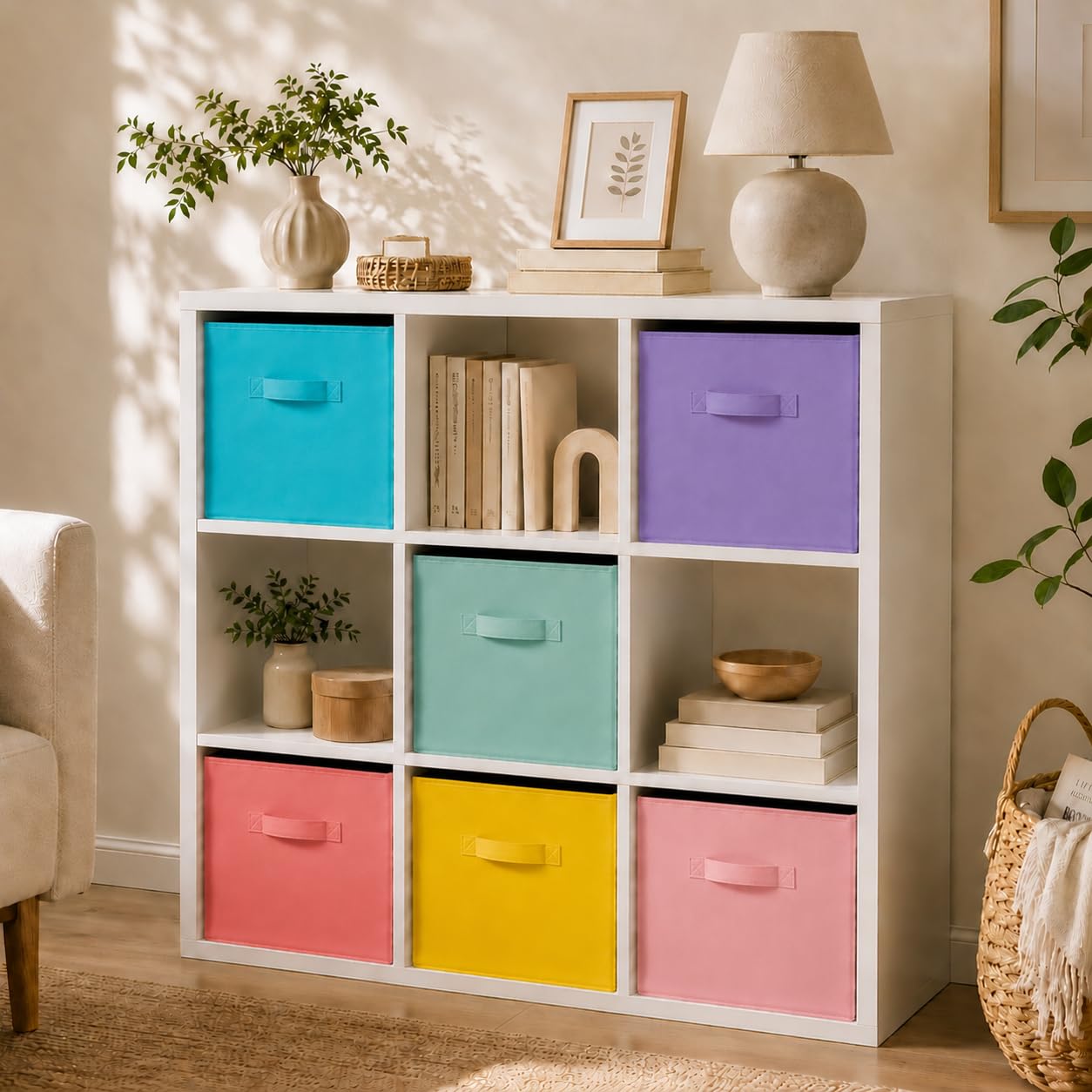 Mira – Lot de 6 bacs de rangement cubiques en tissu robuste avec poignées, 2 mm d'épaisseur, anti-affaissement, pour étagères, placards et rangement pour salle de classe et maison, 26,7 cm