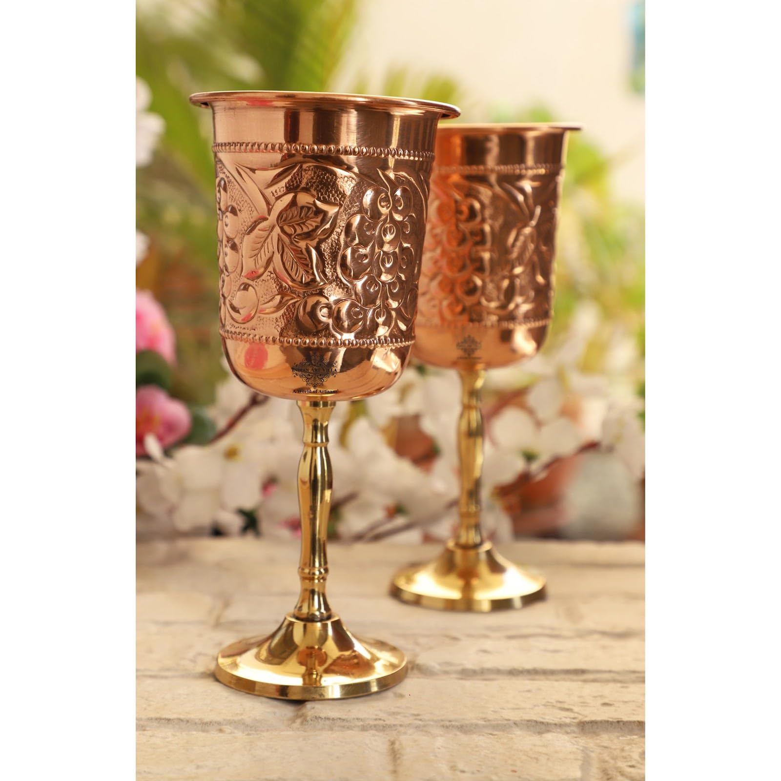 INDIAN ART VILLA Pure Copper Wine Glass with Grape Vines Embossed Design & Brass Bottom, Serving Drinking Wine Cocktail Bar Hotel Restaurant, Volume-300 ML Pack of - 2 2