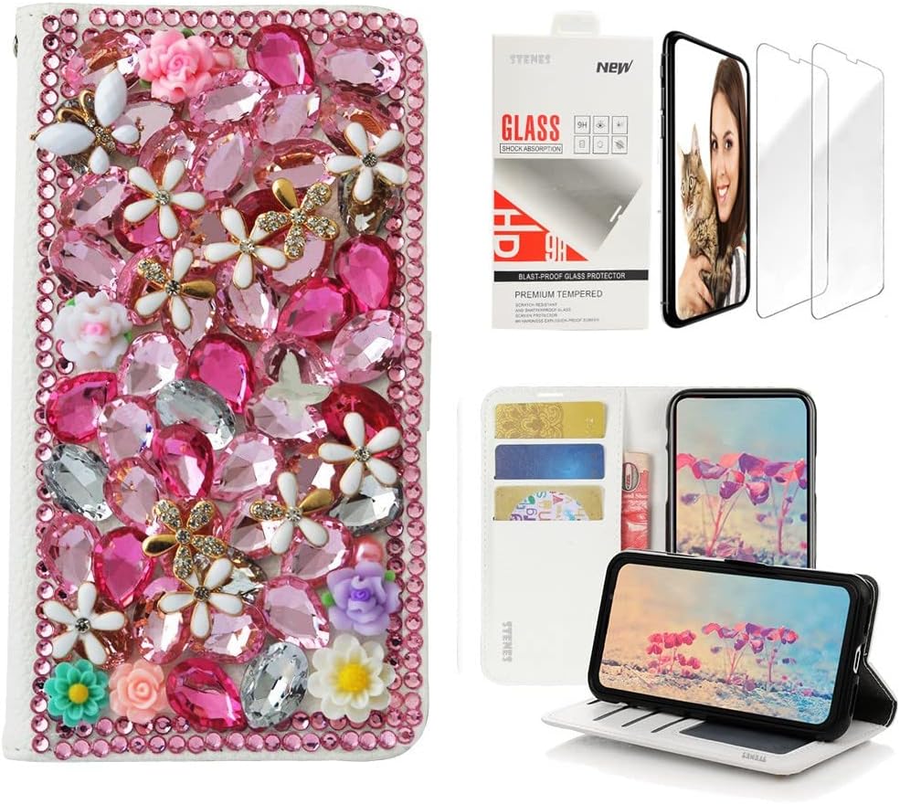 STENES Bling Wallet Phone Case Compatible with LG Stylo 5 / Stylo 5V / Stylo 5 Plus - Stylish - 3D Handmade Retro Butterfly Rose Floral Leather Cover with Screen Protector [2 Pack] - Pink