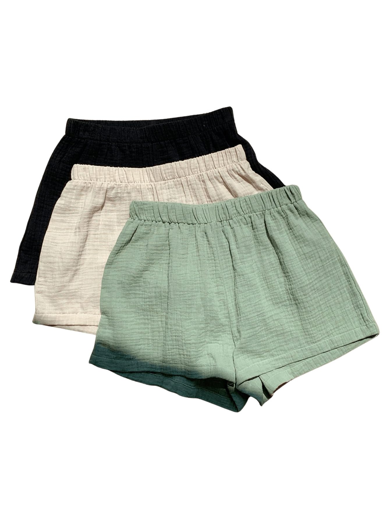 MakeMeChic Women's 3 Pack Linen Shorts Gingham Striped Beach Shorts