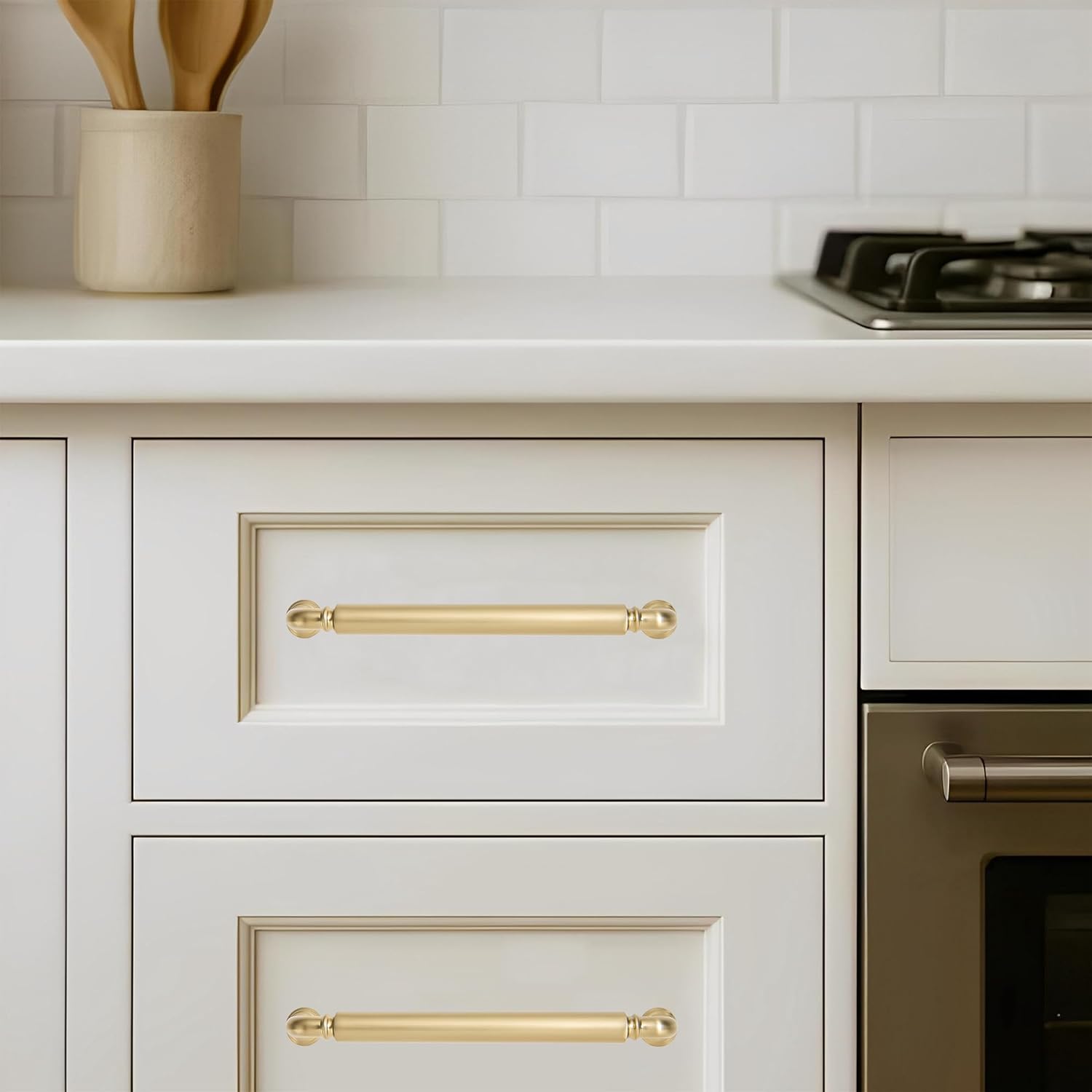 khtumeware 10-Pack Brushed Brass Heavy-Duty Solid Cabinet Pulls, 5 Inch (128mm) Hole Center, Satin Gold Drawer Pulls, Cabinet Hardware, Suitable for Kitchen Cabinets, Bathrooms and Dressers