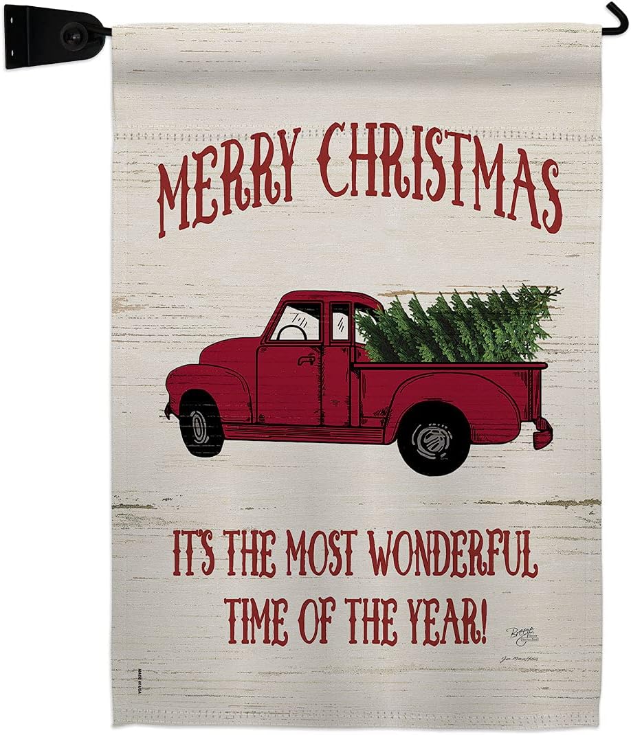 Merry Christmas Vintage Truck Garden House Flags Set Wintertime Santa Marry Xmas Present Reindeer Season Snow Small Decorative Gift Yard Banner Made In USA 28 X 40