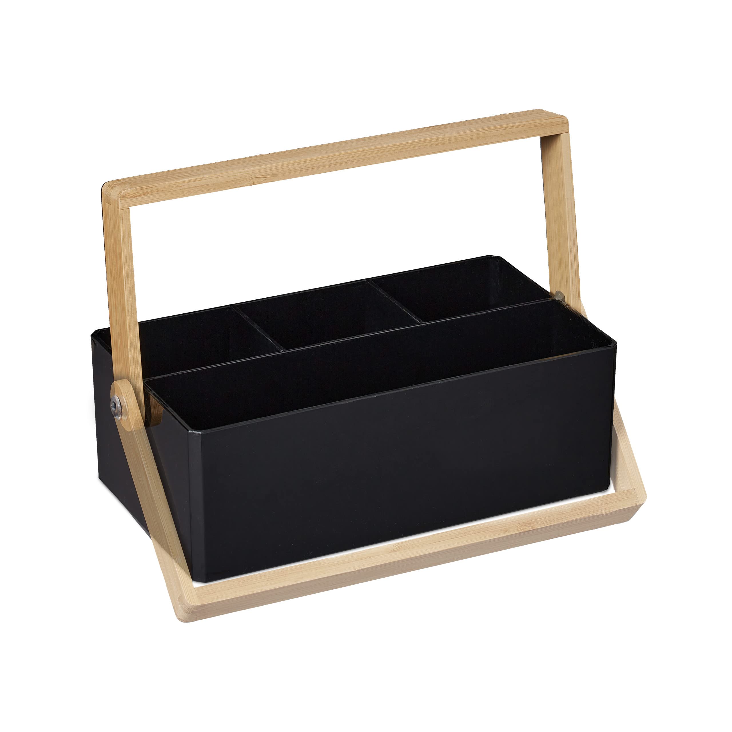 Organizador De Escritorio Con Asa De Bambú - 4 Compartimentos, 26x16x8.5 Cm, Plástico Negro, Ideal Para Oficina Y Hogar