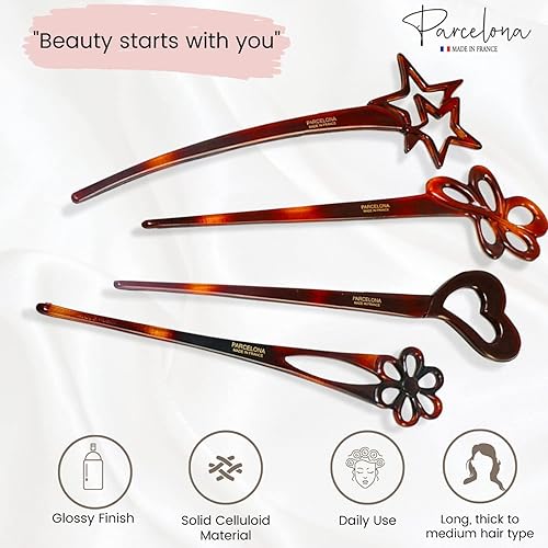 Miniatura 2 de Parcelona French Lavish - Juego de 4 palillos de celuloide para el pelo de moño grande para mujer