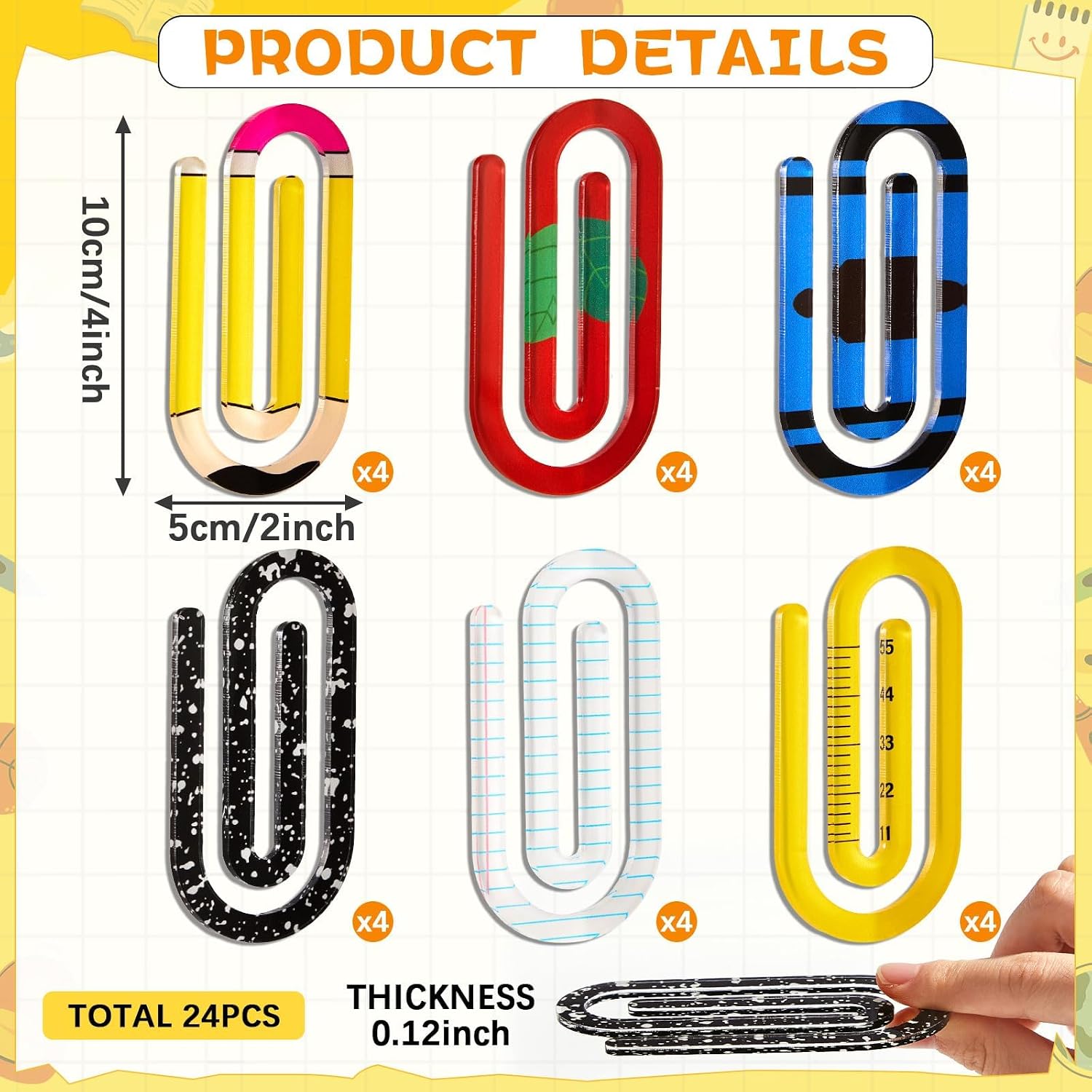 24Pcs Jumbo Acrylic Paper Clips Back to School Gifts for Teachers Large 6 Design Book Marks Clips Pagination Mark 4 Inch Paperclip Bookmark Gift Set for Crafts Home Office Classroom Teacher Supplies image 2