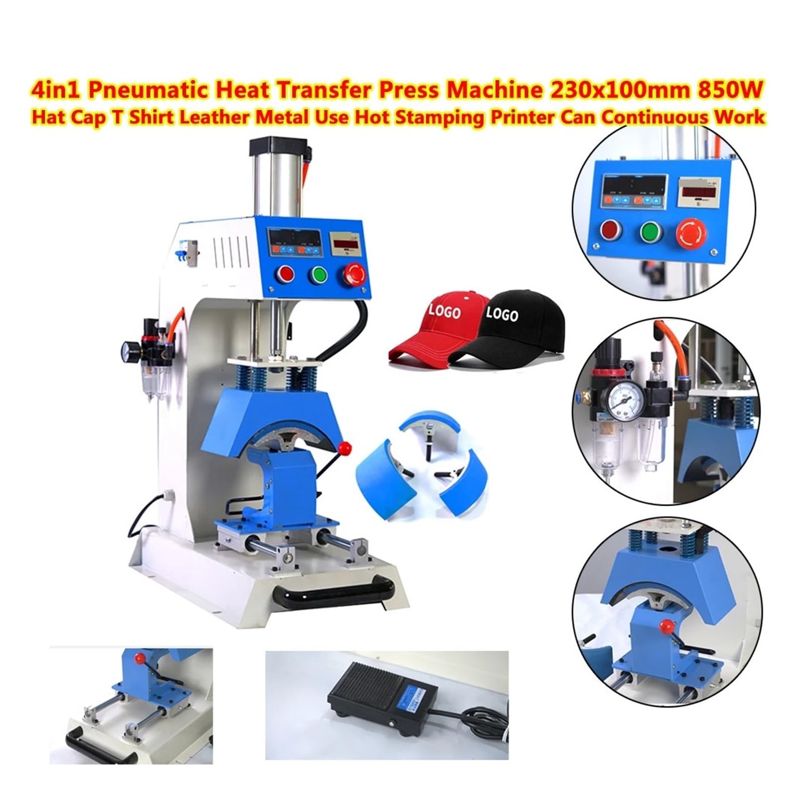 4 W 1 Pneumatyczna Maszyna Do Tłoczenia Na Gorąco 230x100 Mm, Prasa Termotransferowa Czapek, Koszulek, Skórzanych, Z Logo, Możliwość Pracy Ciągłej DokłAdna Lokalizacja