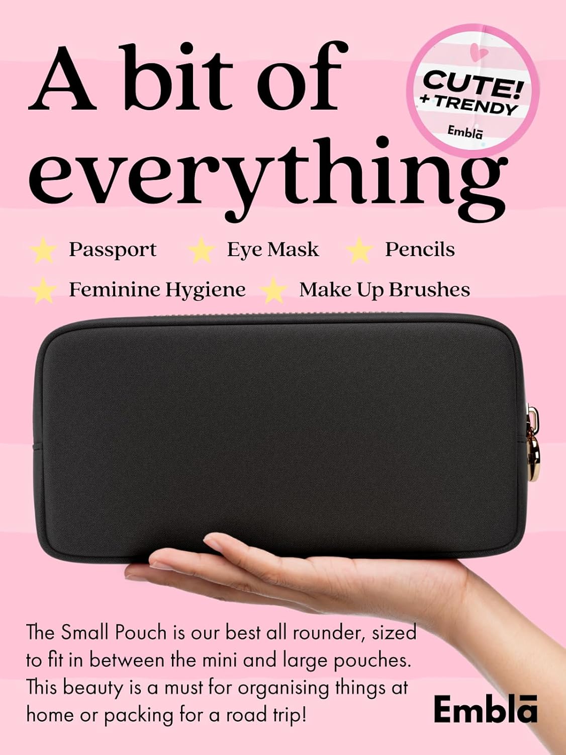 Embla Makeup Bag Travel Cosmetics Pouch and Toiletry Bag, Nylon Zipper Pouch Purse, Cute Make Up Organizer Storage Tote for Women Girls, Waterproof Travel Skincare Case, Small Makeup Bags, Black - Image 3