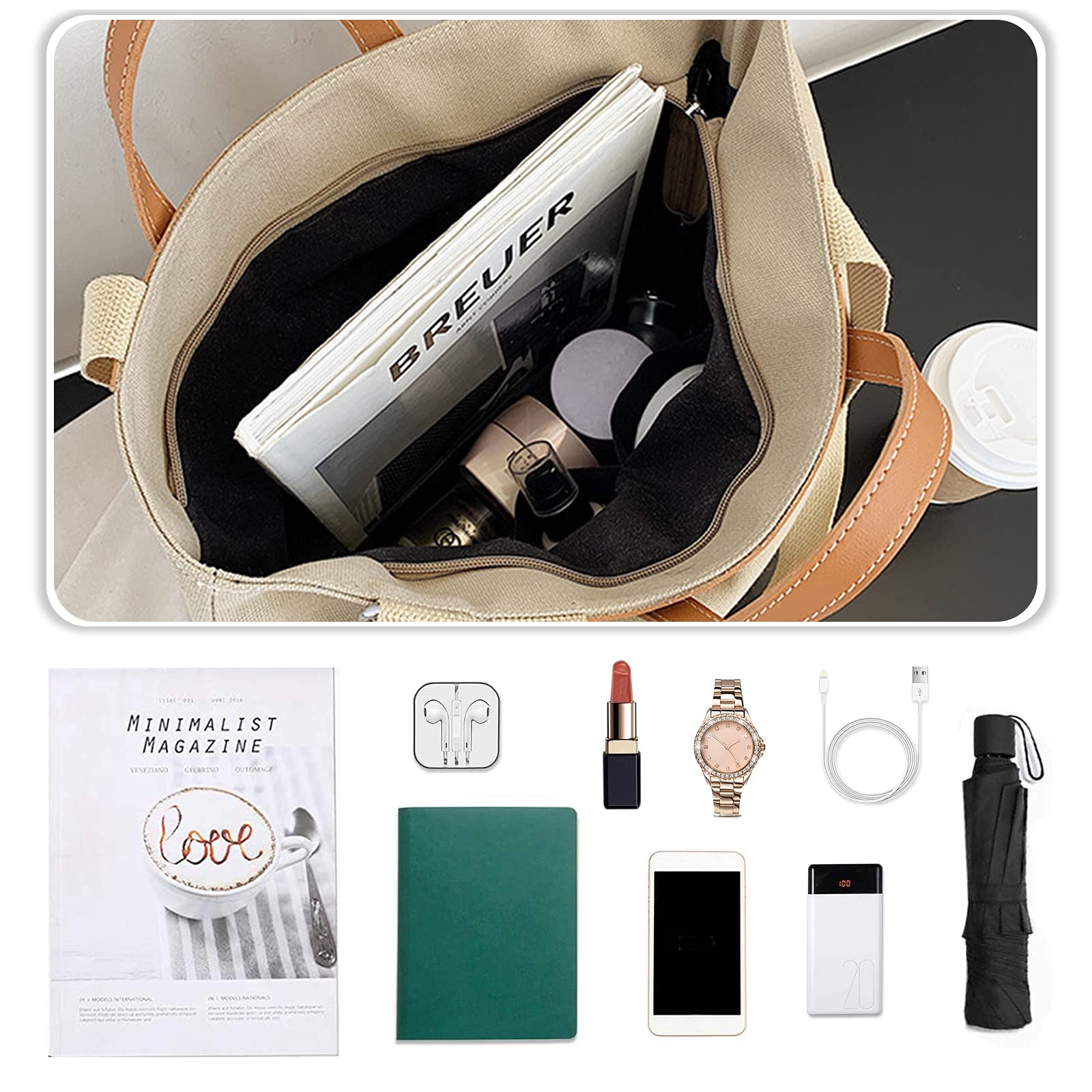 Bolsos de Mujer Grande Bolsos de Hombro de Lona Bolso Bandolera Multifuncional Bolso Tote Shopper Bolso para Trabajo Escuela Viaje Uso Diario Verde