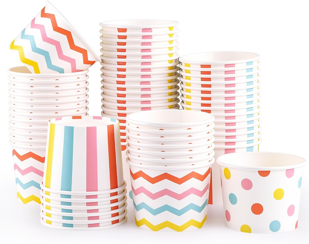 NatNarr 60 vasos de helado, vasos desechables de 4 onzas, 3 estilos, pequeños cuencos de papel, mini suministros de fiesta de helado para helado, postre, merienda, sopa de yogur congelado
