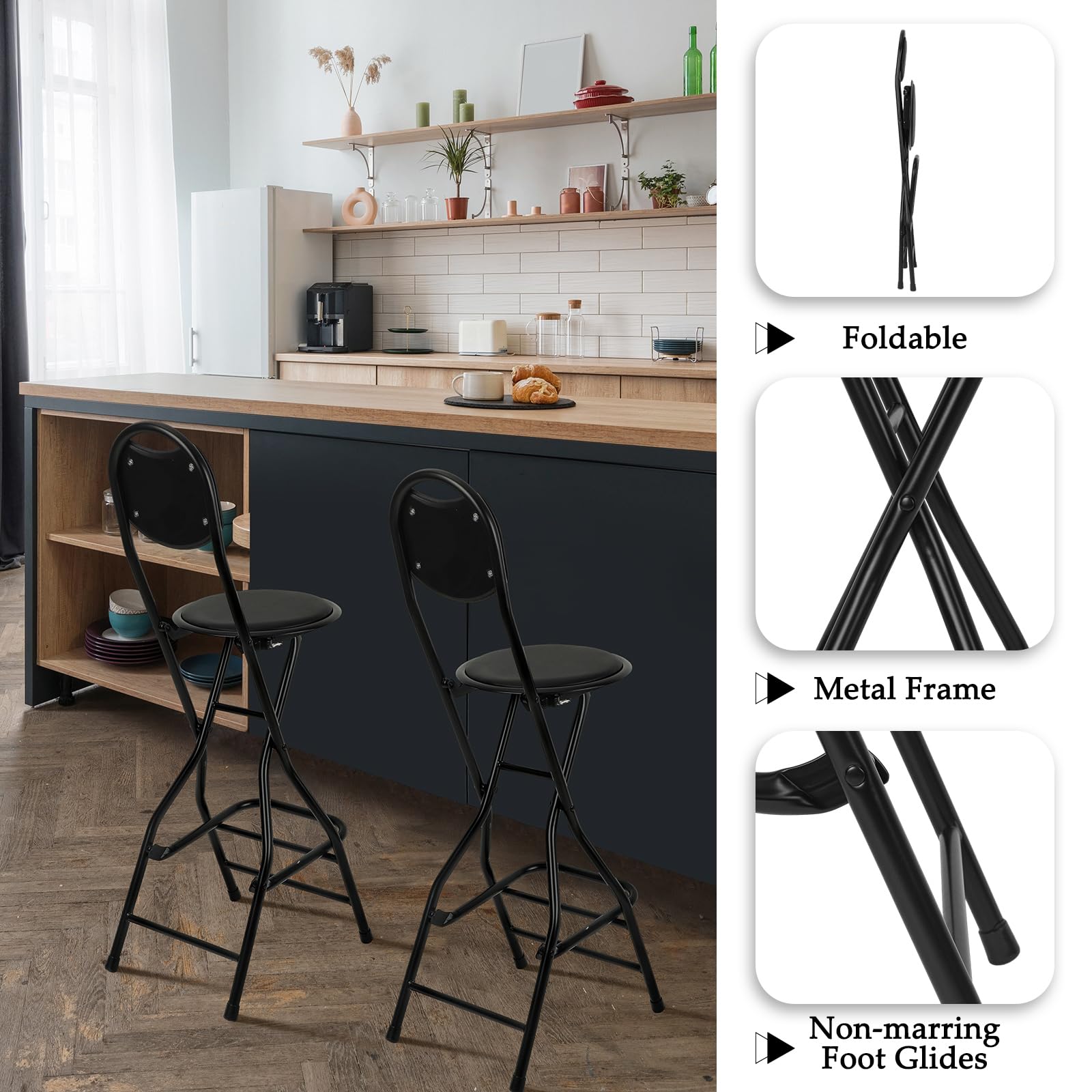 Sintuff 2 Pcs Seat Height 26 Inch Folding Bar Stool with Backrest