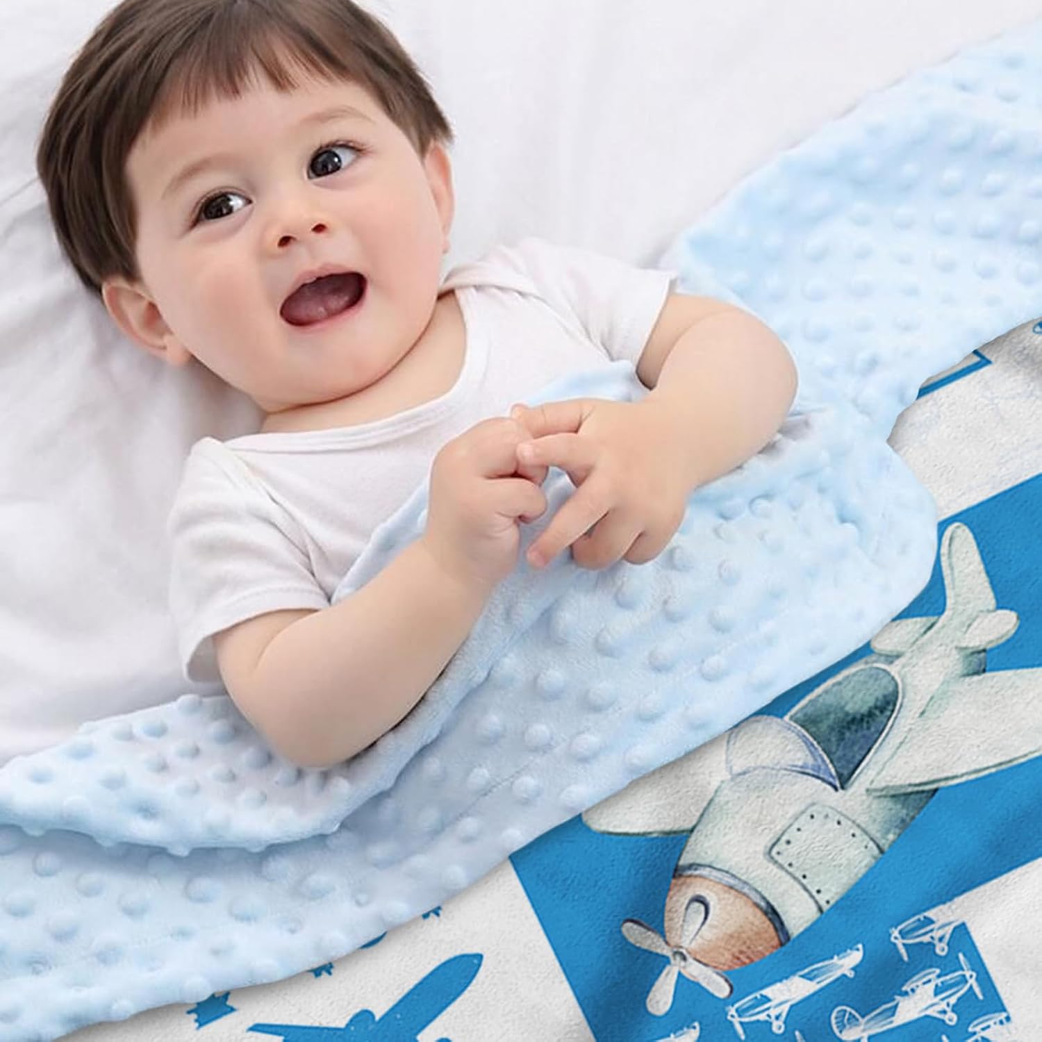 Personalized Baby Blanket for Boys, Personalized Baby Gifts, Custom Name Baby Blanket, Plush and Cozy Blanket with Blue Fighter Pattern, Baby Gifts for Newborn, Baby Boys Newborn Essentials