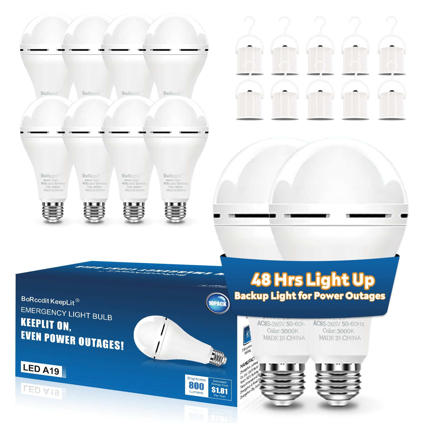 BoRccdit KeepLit 10 Pack Rechargeable Emergency Light Bulbs