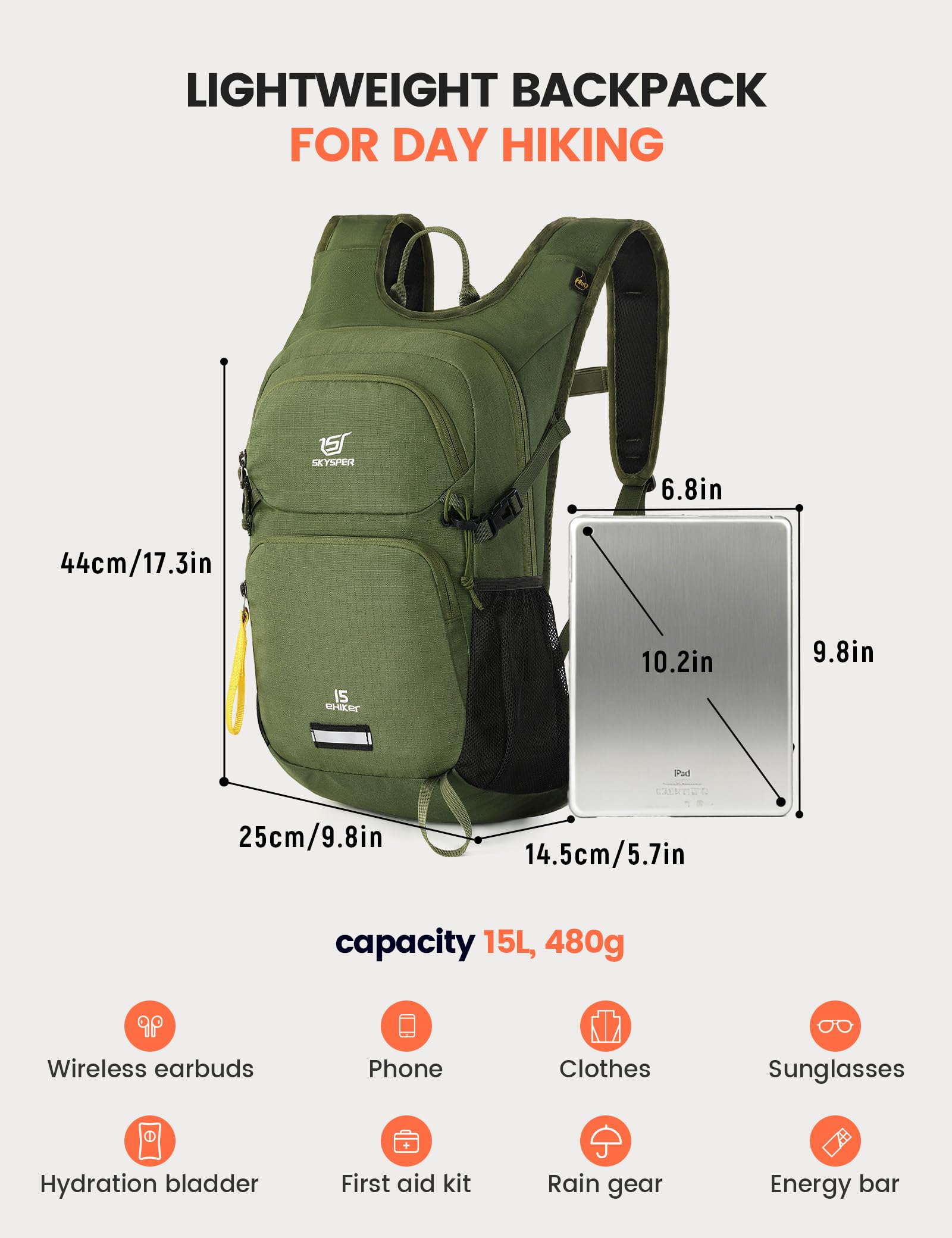 SKYSPER Zaino da trekking piccolo e resistente | zaino leggero per escursioni brevi trekking gite giornaliere viaggi in aereo donna e uomo