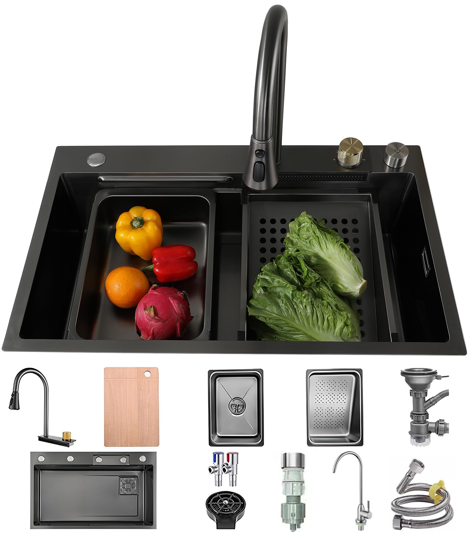WIQUYBML 75 x 50 cm Waterfall Sink, Stainless Steel 1 Basin, Single Multifunctional Household Sink with Fitting, Drain System, Overflow Tray, Drip Basket, Chopping Board and Mounting