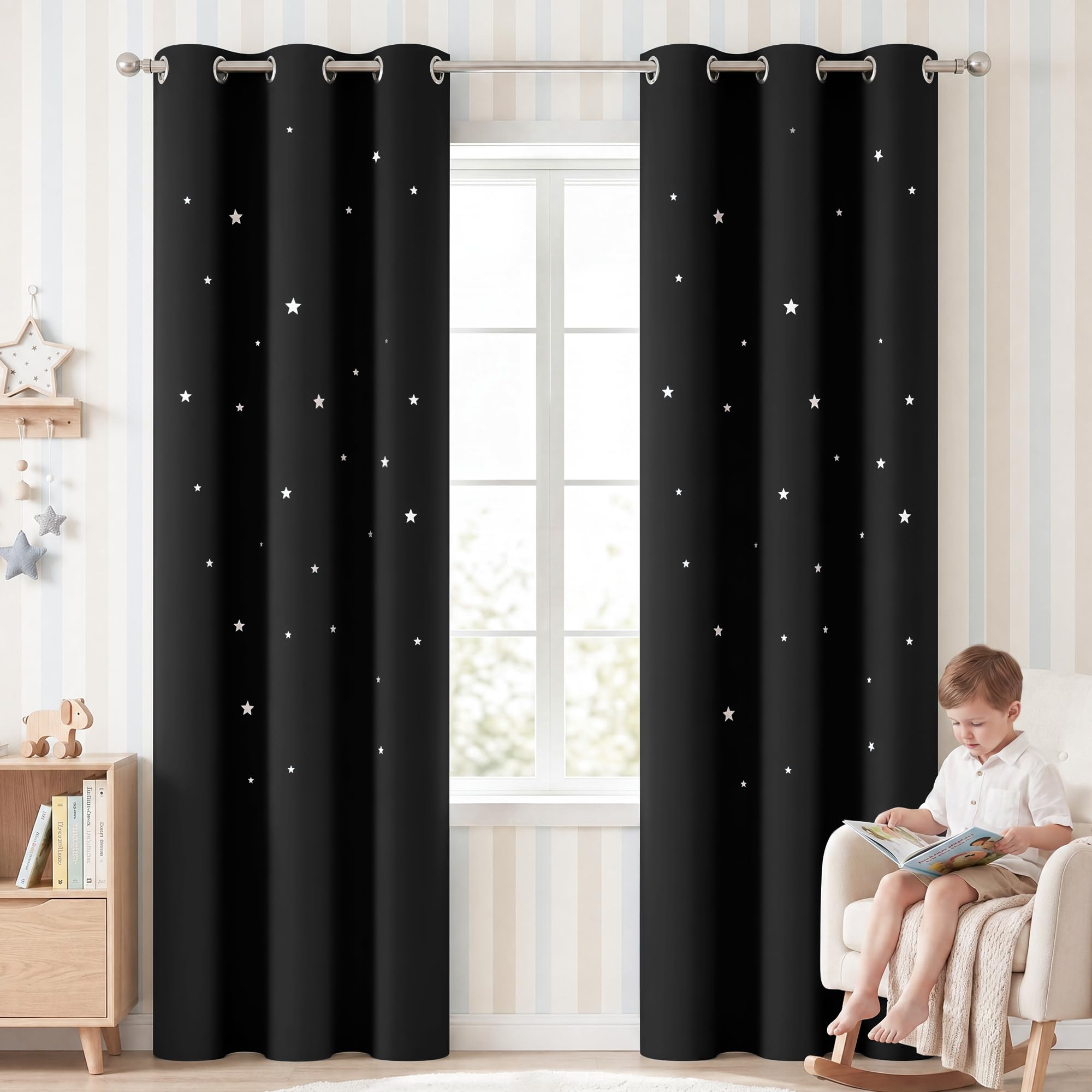 NICETOWN Black Magic Starry Window Drapes for Nursery, W42 x L84, 2 Pack