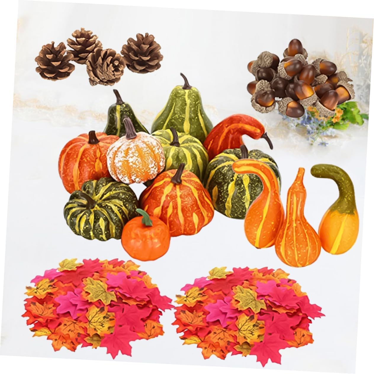 GARVALON 141pcs Artificial Pumpkin Acorn Decor Realistic Maple Leaf Props for Halloween Fall Table Display for Parties Home Ornaments Photo Props