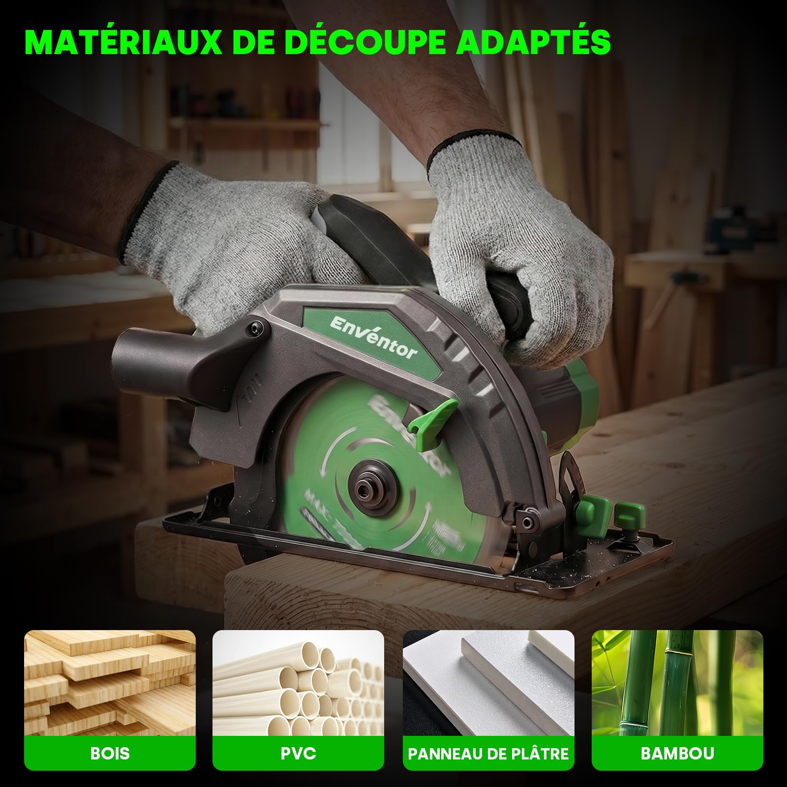 ENVENTOR 1300W Scie Circulaire, Filaire, Moteur Puissant | 5000RPM Scies Circulaires Électriques, coupe 65 mm (90 °), 44 mm (45 °), (Diamètre de Lame de Scie : 185 mm), pour Bois, PVC