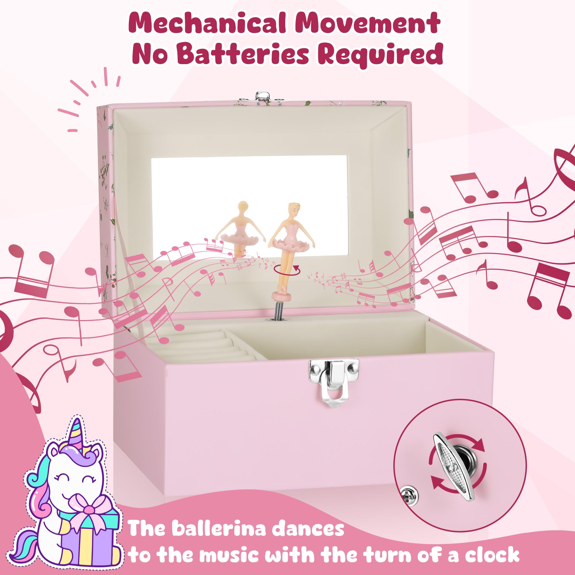Joyero Musical Niña, Caja de Música con Bailarina Giratoria y Espejo, Joyero Musical Bailarina para Niñas 3-10 Años, Caja de Música Infantil Regalo, 18x12x10cm, Rosa