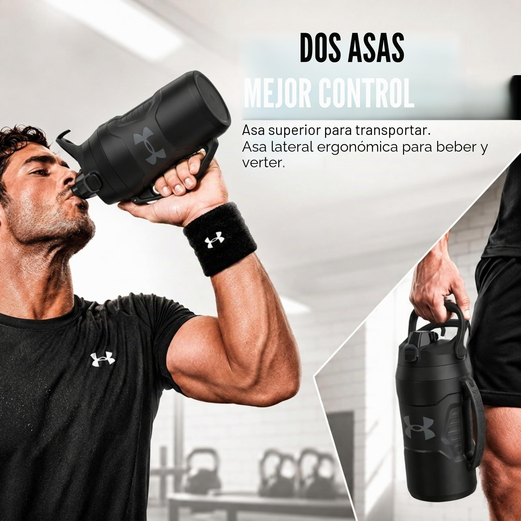 Under Armour Botella de agua aislada de 64 onzas con asa, con aislamiento de espuma y resistente a fugas, jarra de agua deportiva, gancho para cerca, apta para lavavajillas, color negro y gris claro,