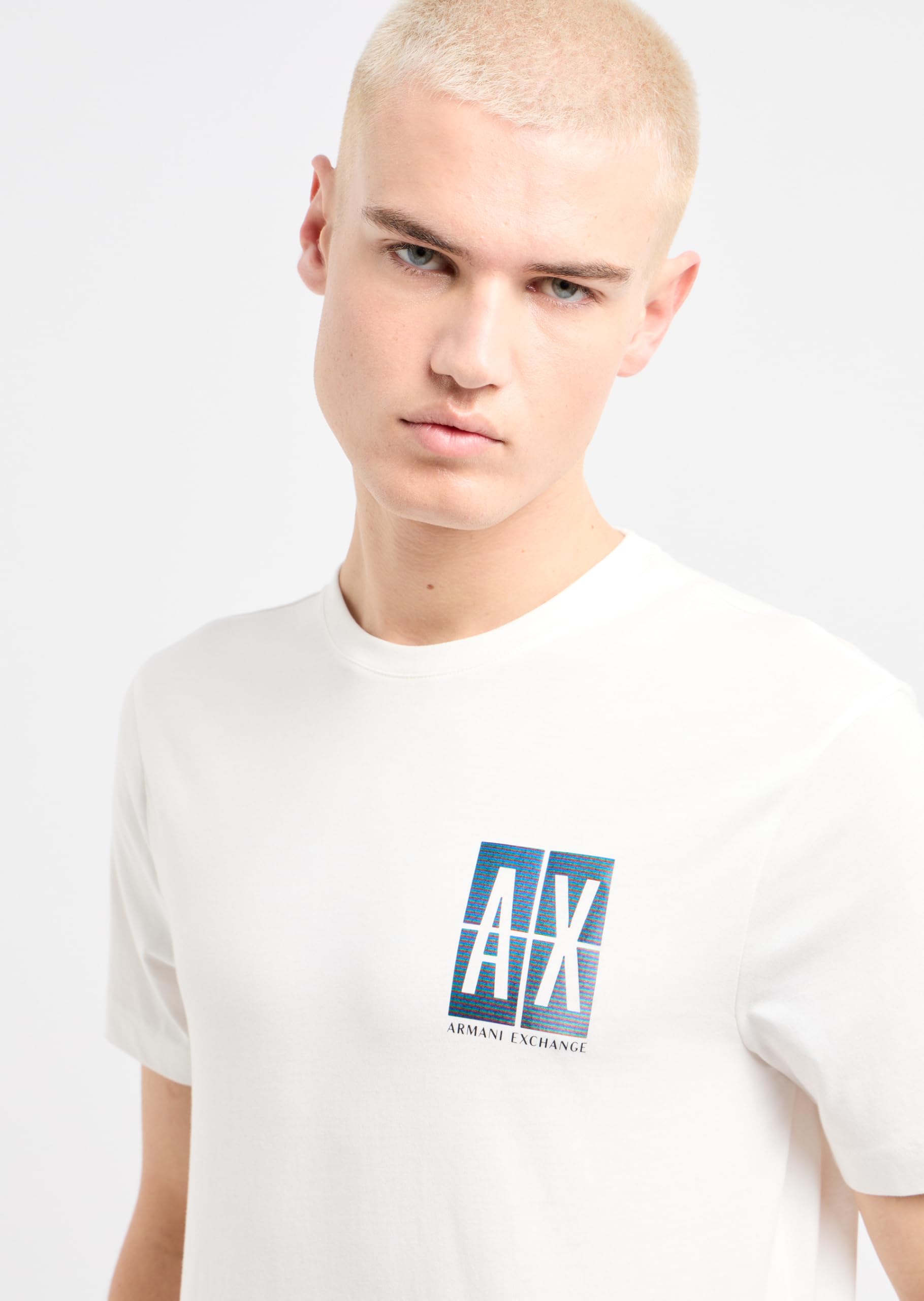 A|X ARMANI EXCHANGE Męska koszulka z bawełny o regularnym kroju w małej klatce piersiowej Gradient Box Logo koszulka, złamana biel, XS, Złamana biel, XS