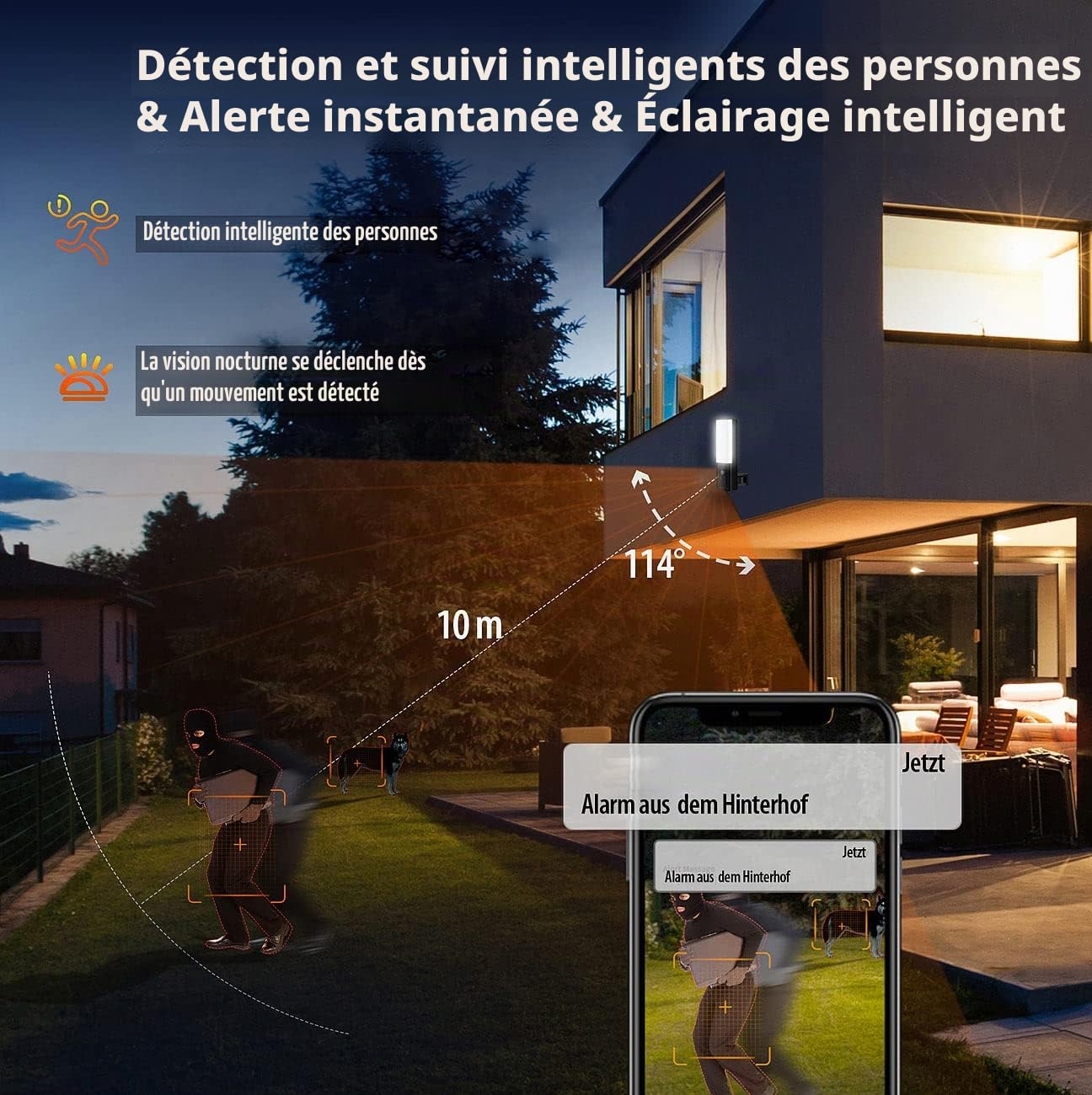 Applique murale LED d'extérieur avec caméra IP connectée 2K - coloris noir [VisorTech]