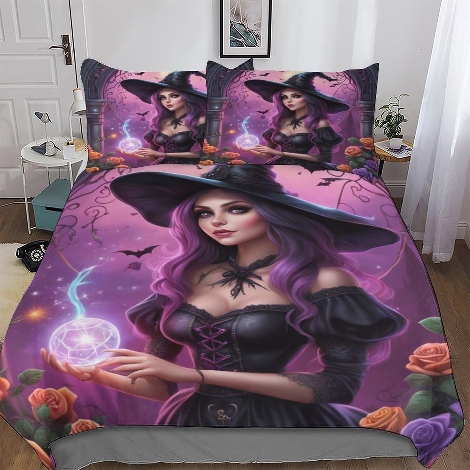 Pazzk Halloween Witch Soft Microfiber Duvet Cover With Pillowcases Wrinkle Free Comforter Cover Zipper Closure Cover Polyester Quilt Covers For Adults Teenager Kids Bedding Single (135X200cm)